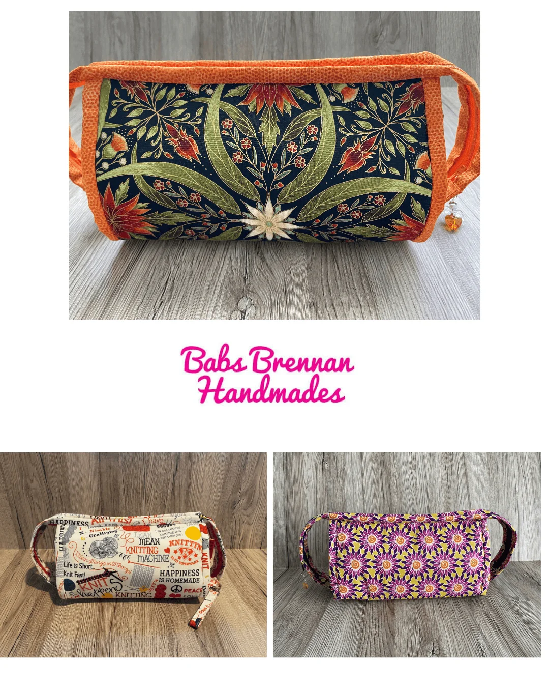 Colorful handmade fabric pencil cases with floral and abstract designs.